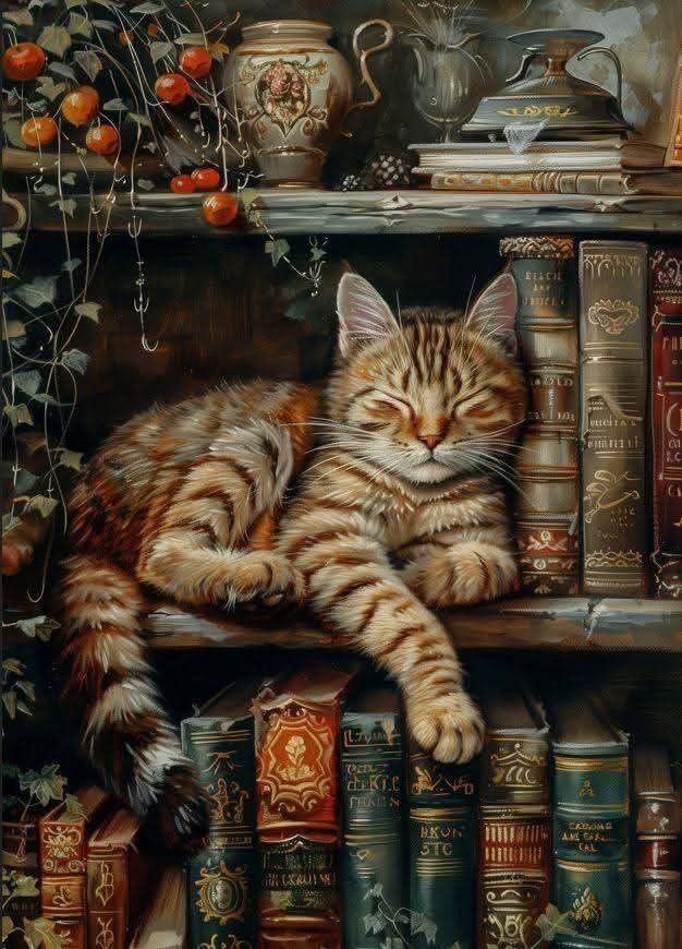 Книжная полка - книги, кошка, книжная полка - оригинал