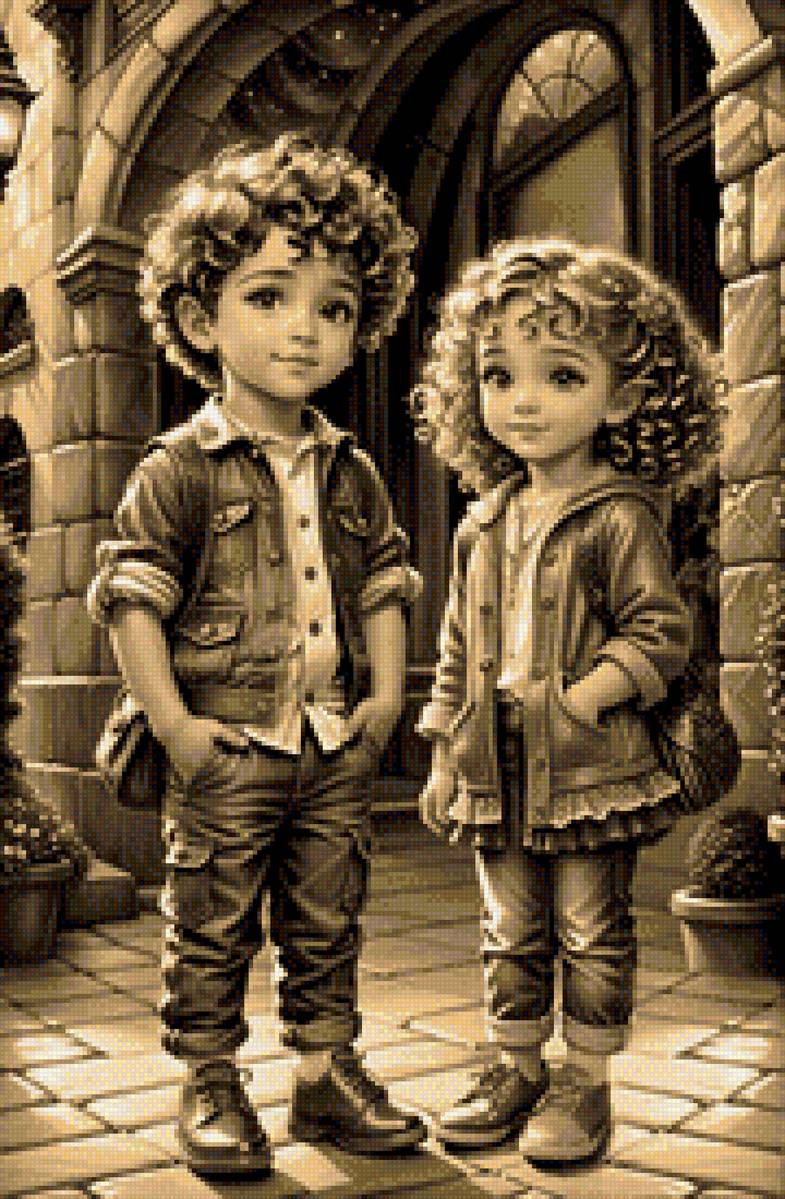 Двойняшки на прогулке - сепия - прогулка, сепия, мальчик, девочка - предпросмотр