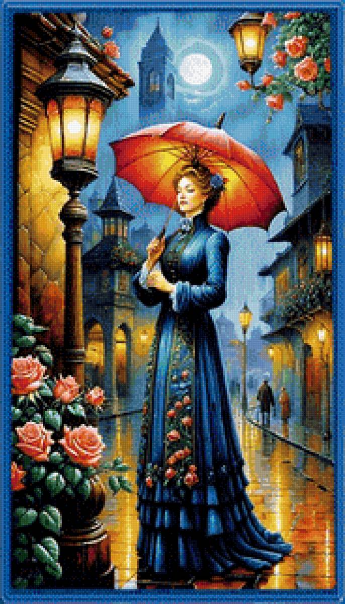 Дождливая прогулка - улица, ночь, зонт, женщина - предпросмотр