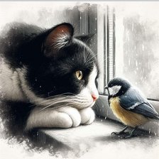 Схема вышивки «Кот с птицей»