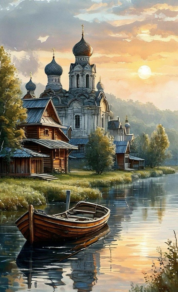 У реки - река, церковь, лодка - оригинал