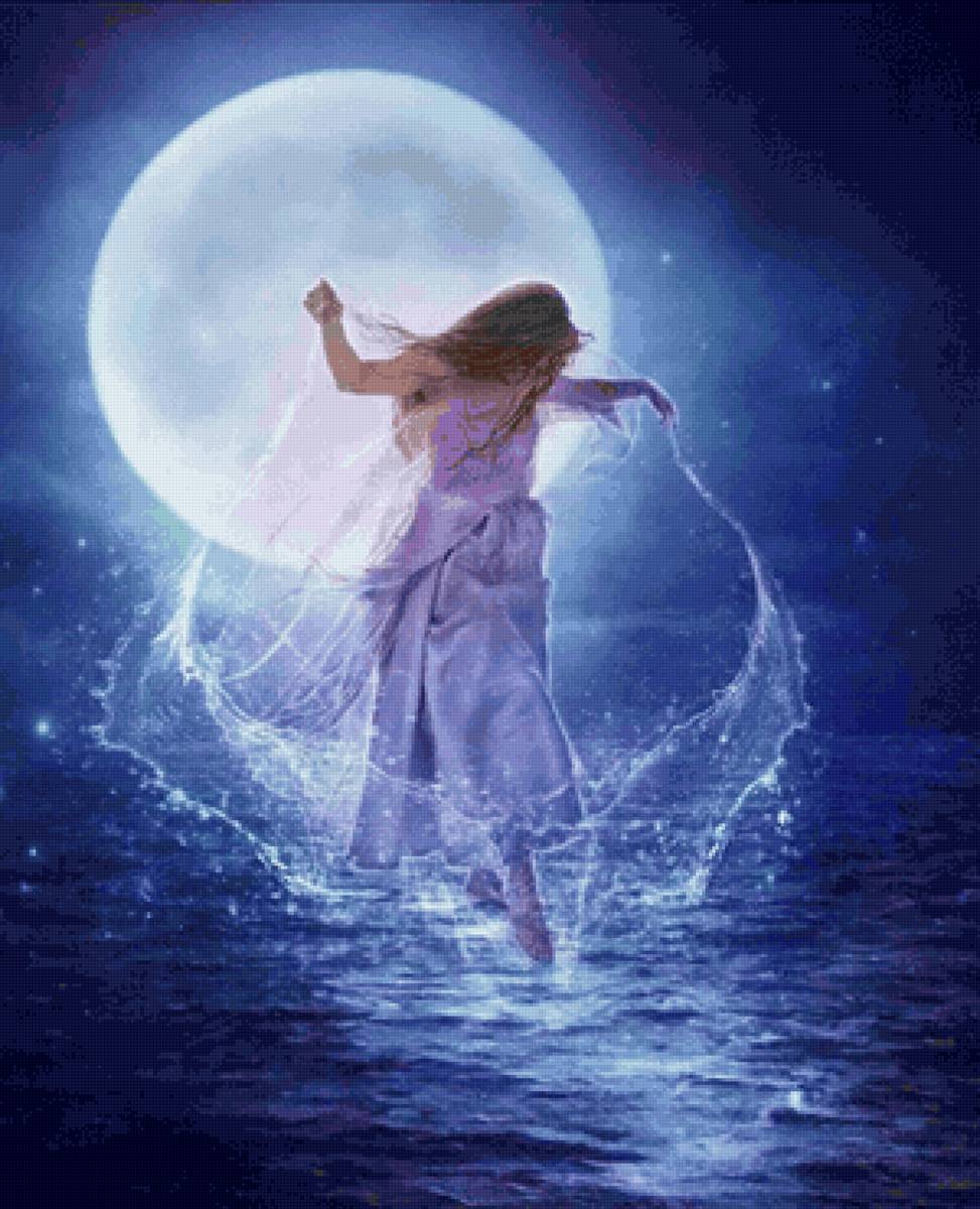 Chica - paisaje, chica, luna, agua, mar, noche - предпросмотр