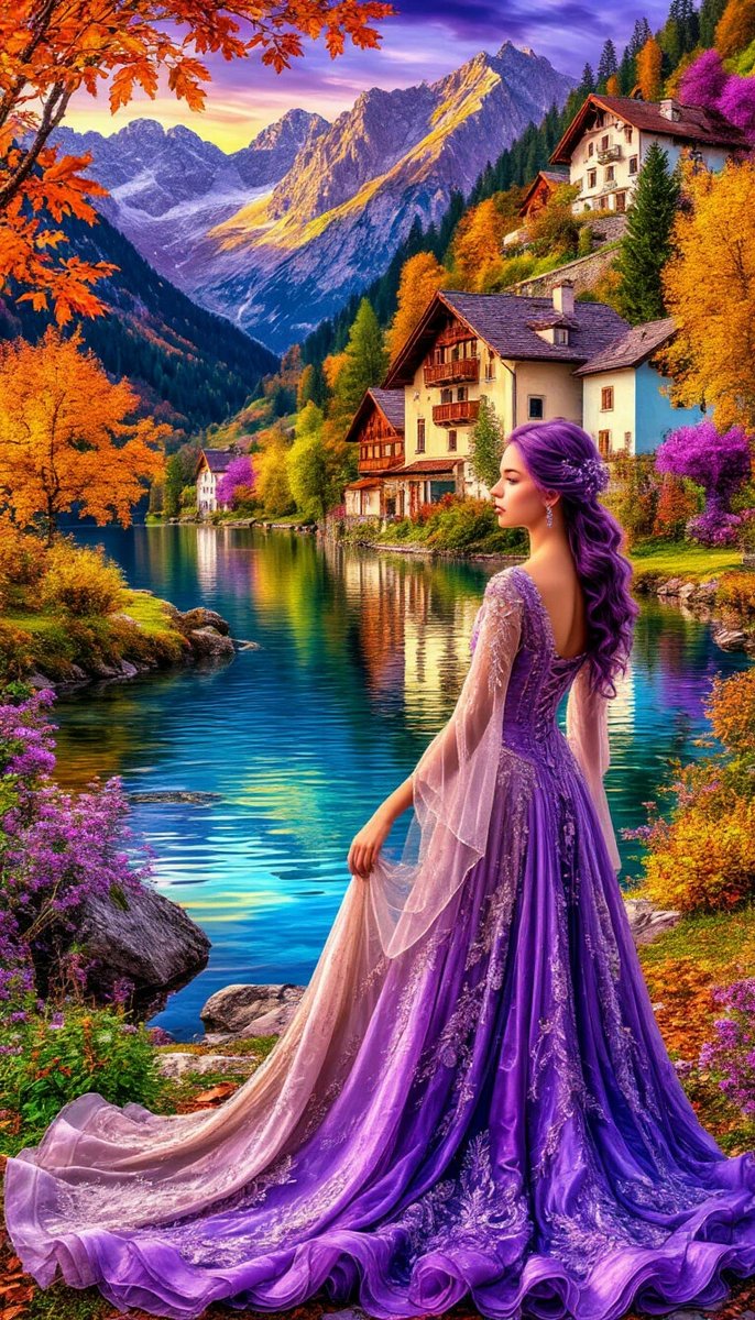 №2871898 - девушка, осень, дома, горы, река - оригинал