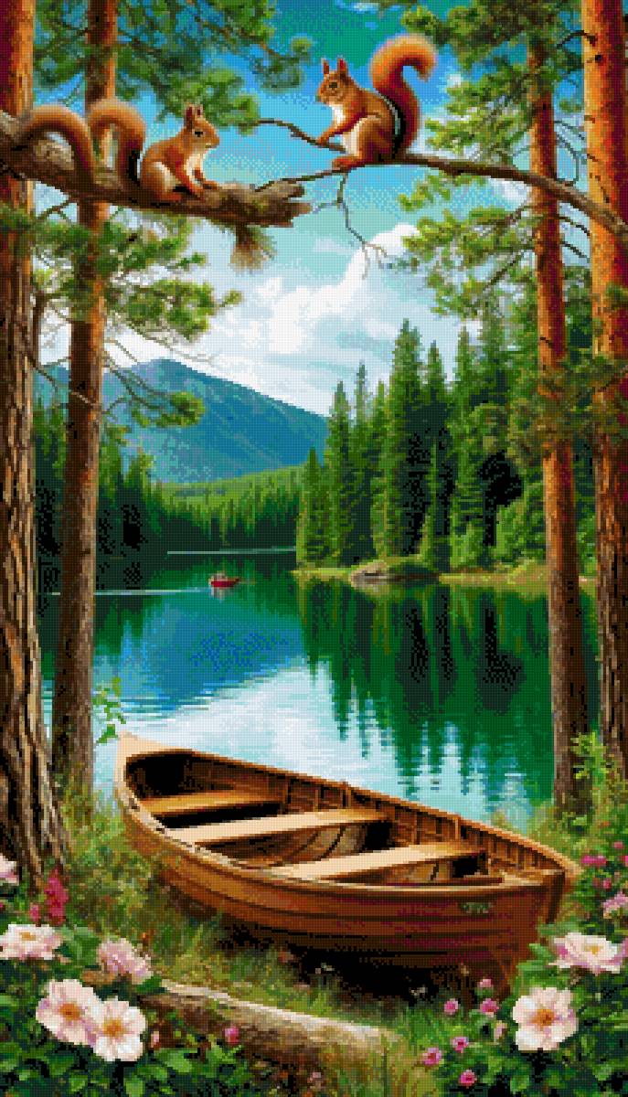 природа - река, белки, лес, горы, лодка - предпросмотр