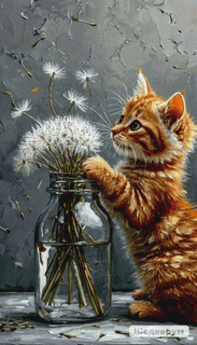 Вредина - одуванчики, кот, домашние животные, букет - предпросмотр