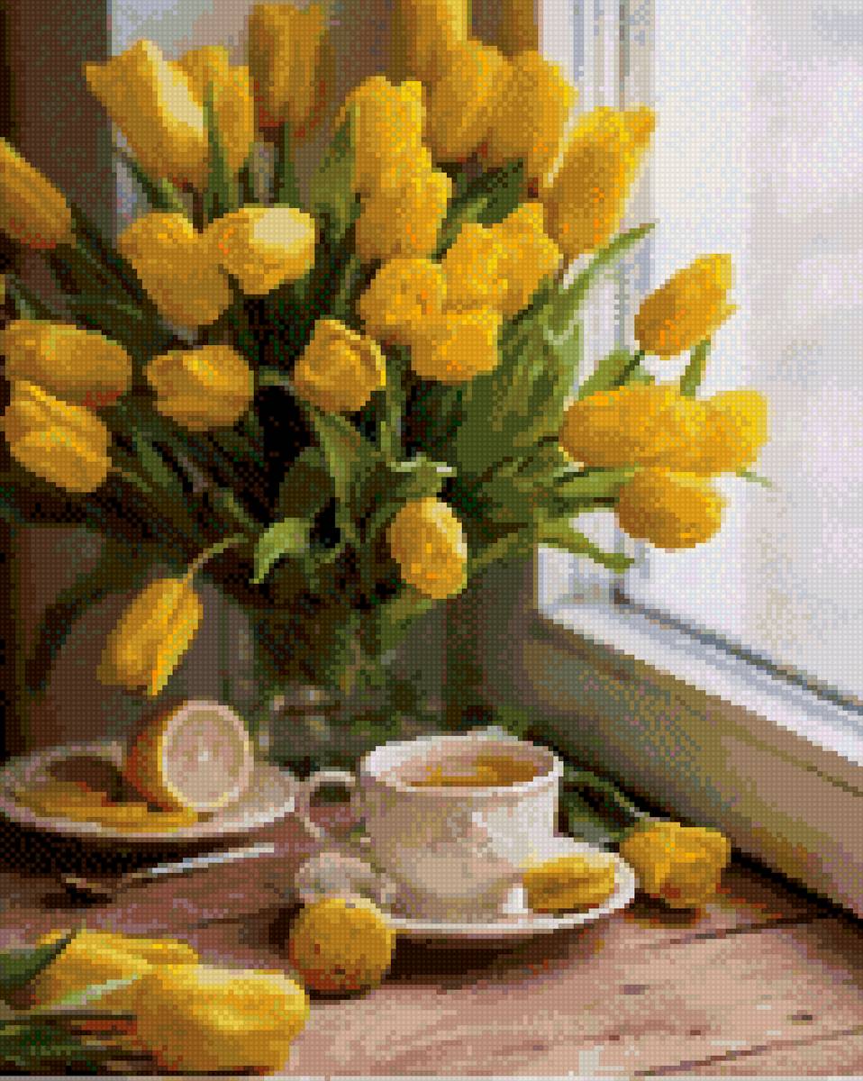 Жёлтые тюльпаны - желтые тюльпаны, чай - предпросмотр