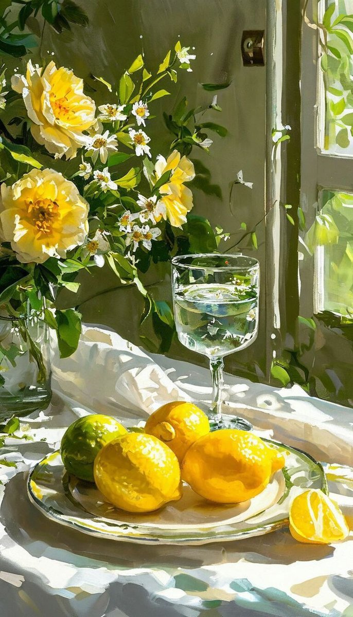 Натюрморт - цветы, окно, лимон - оригинал