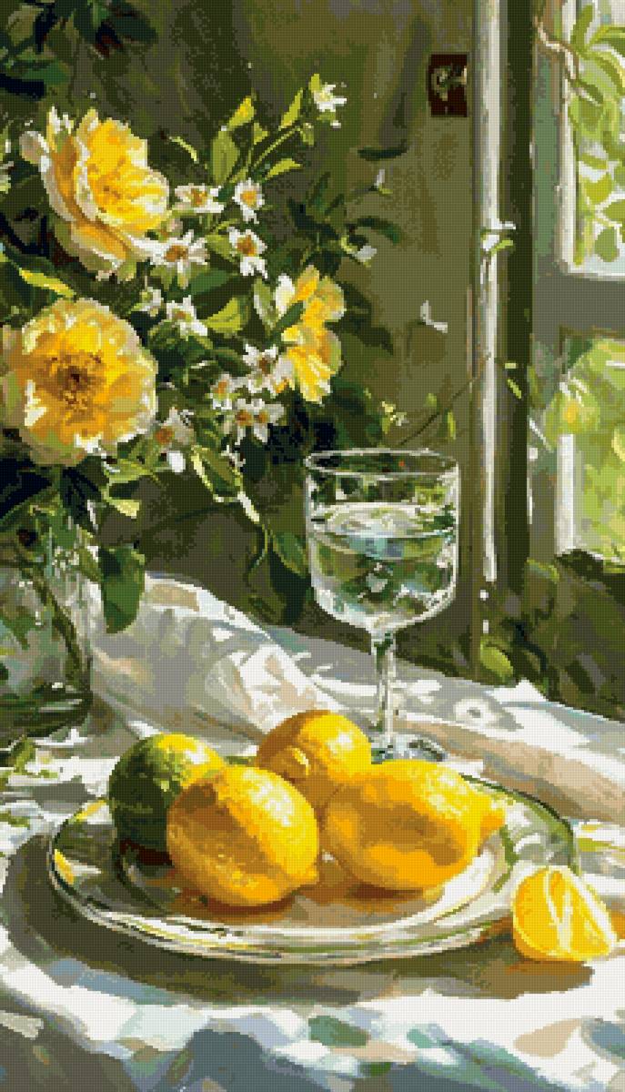 Натюрморт - цветы, лимон, окно - предпросмотр