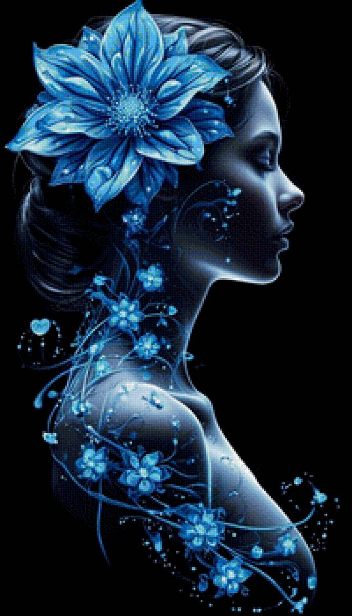 Голубые цветы - женский силует, сияние, цветы - предпросмотр
