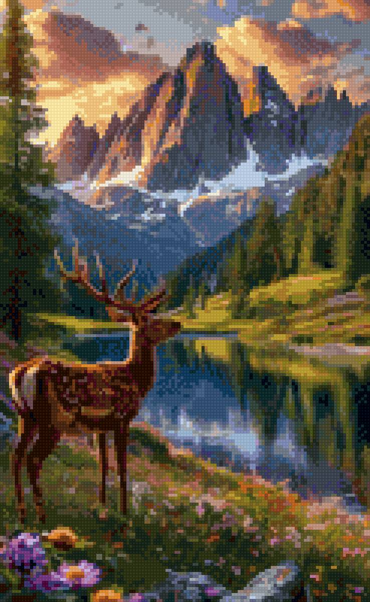 Пейзаж - олень, пейзаж - предпросмотр