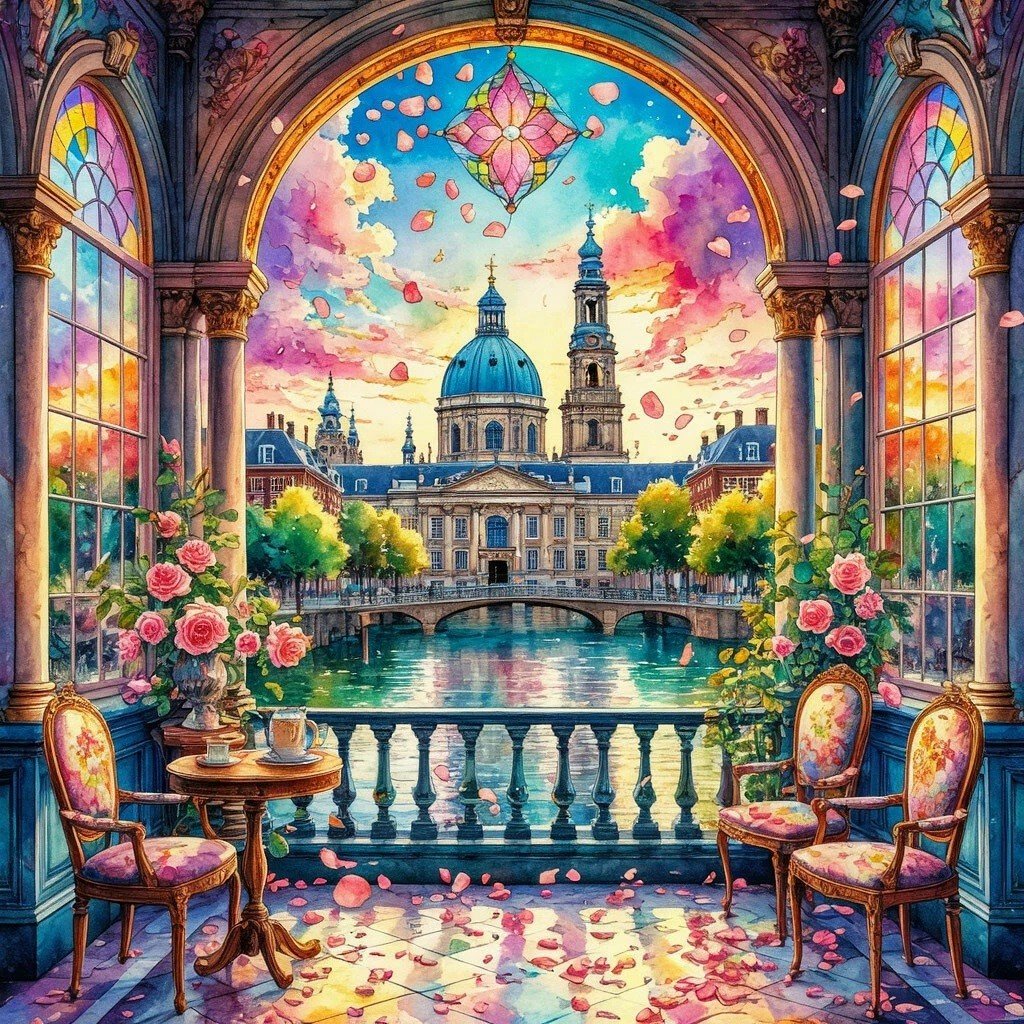 Вид с террасы - терраса, собор, вода, цветы - оригинал