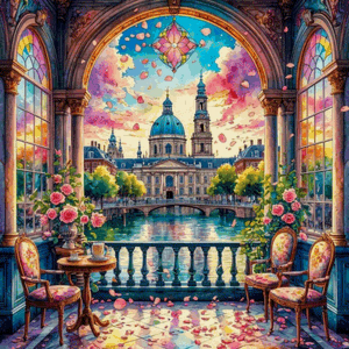 Вид с террасы - собор, цветы, вода, терраса - предпросмотр