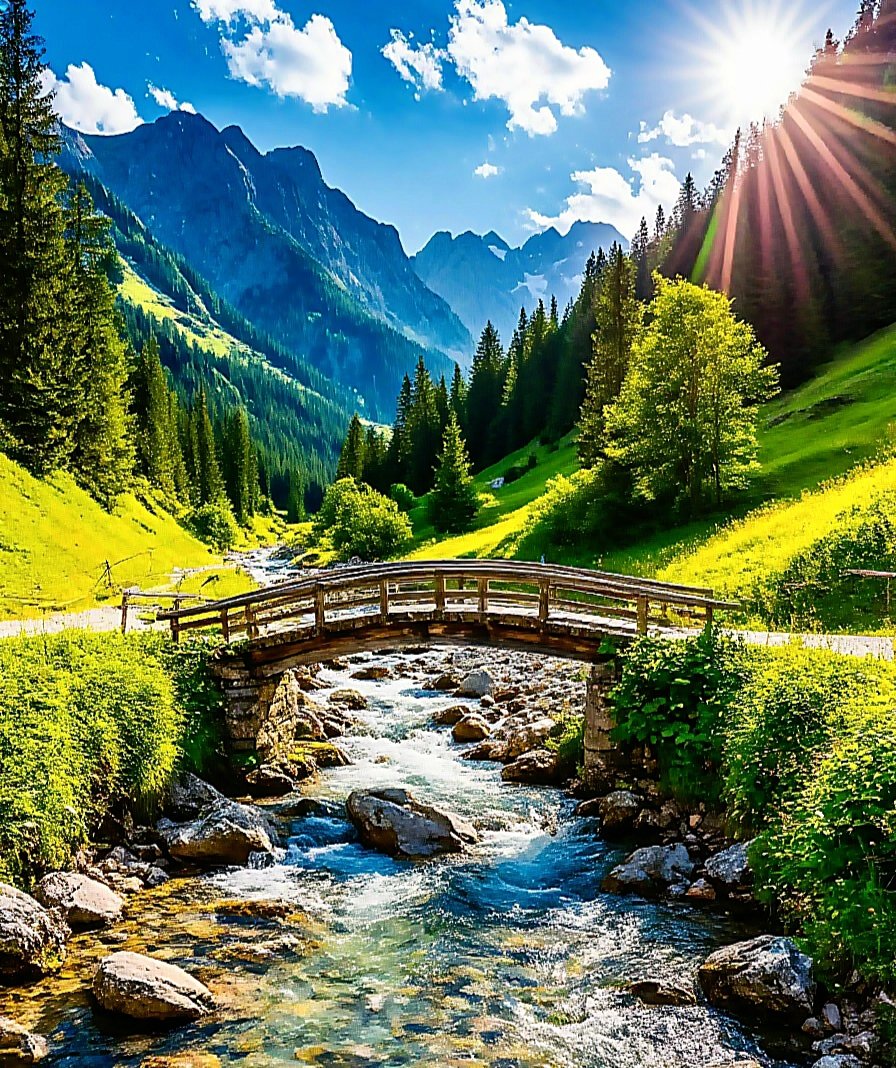 Где -то в горах - ручей, пейзаж, мост, горы - оригинал