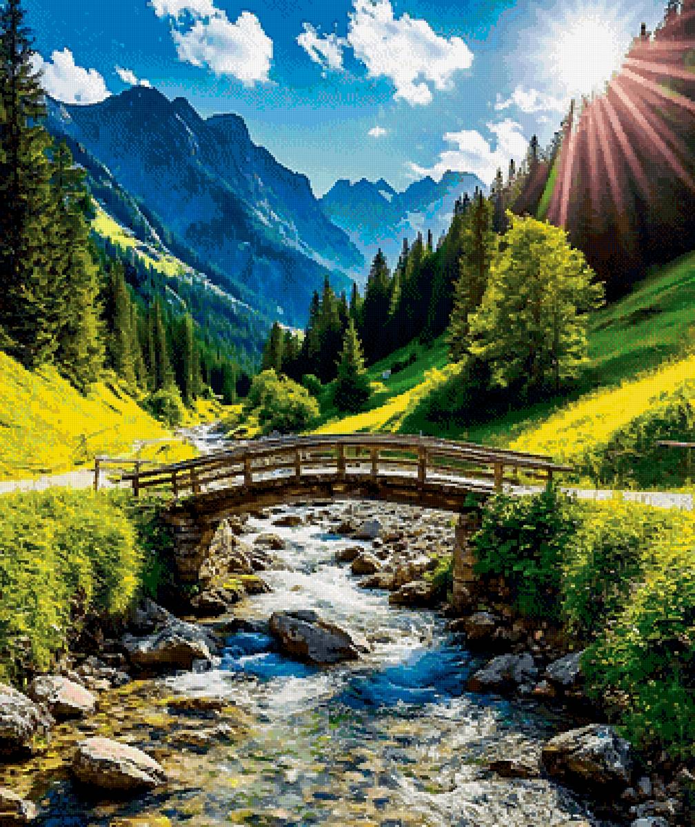 Где -то в горах - горы, пейзаж, ручей, мост - предпросмотр