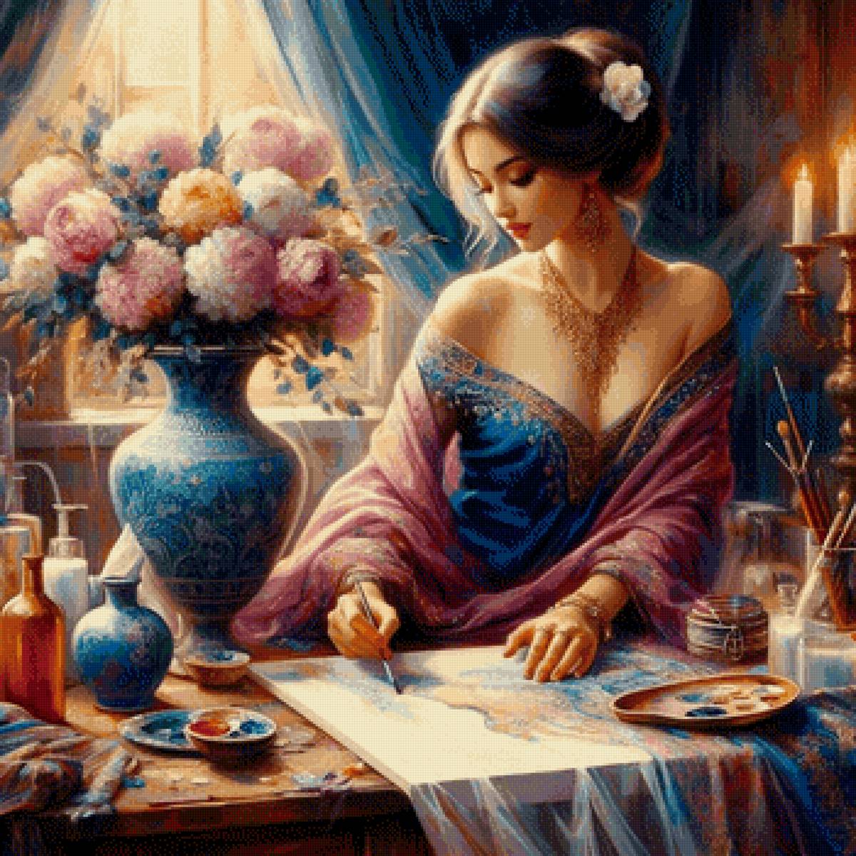 Роспись по шелку - рукоделие, цветы, девушка - предпросмотр