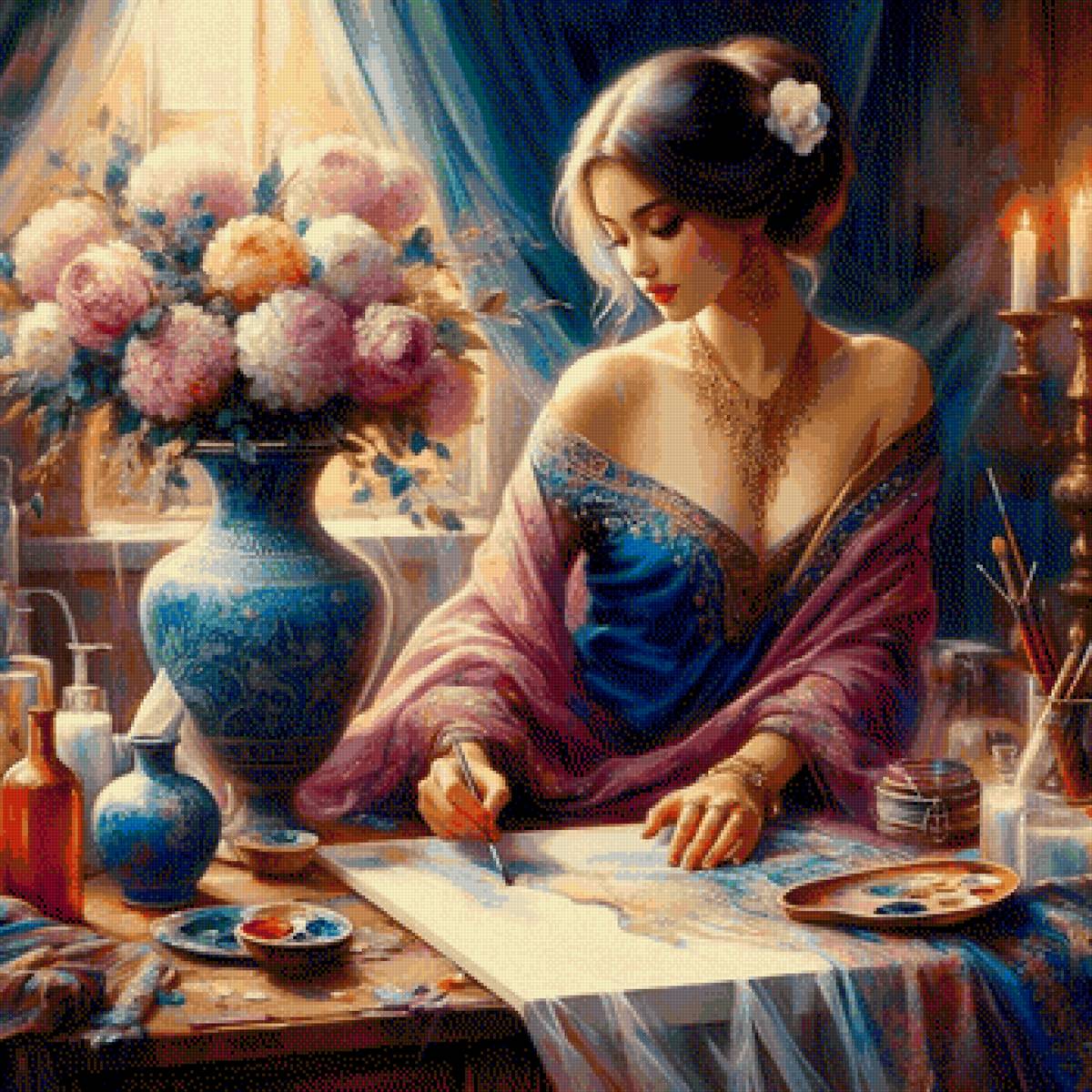 Роспись по шелку - девушка, цветы - предпросмотр