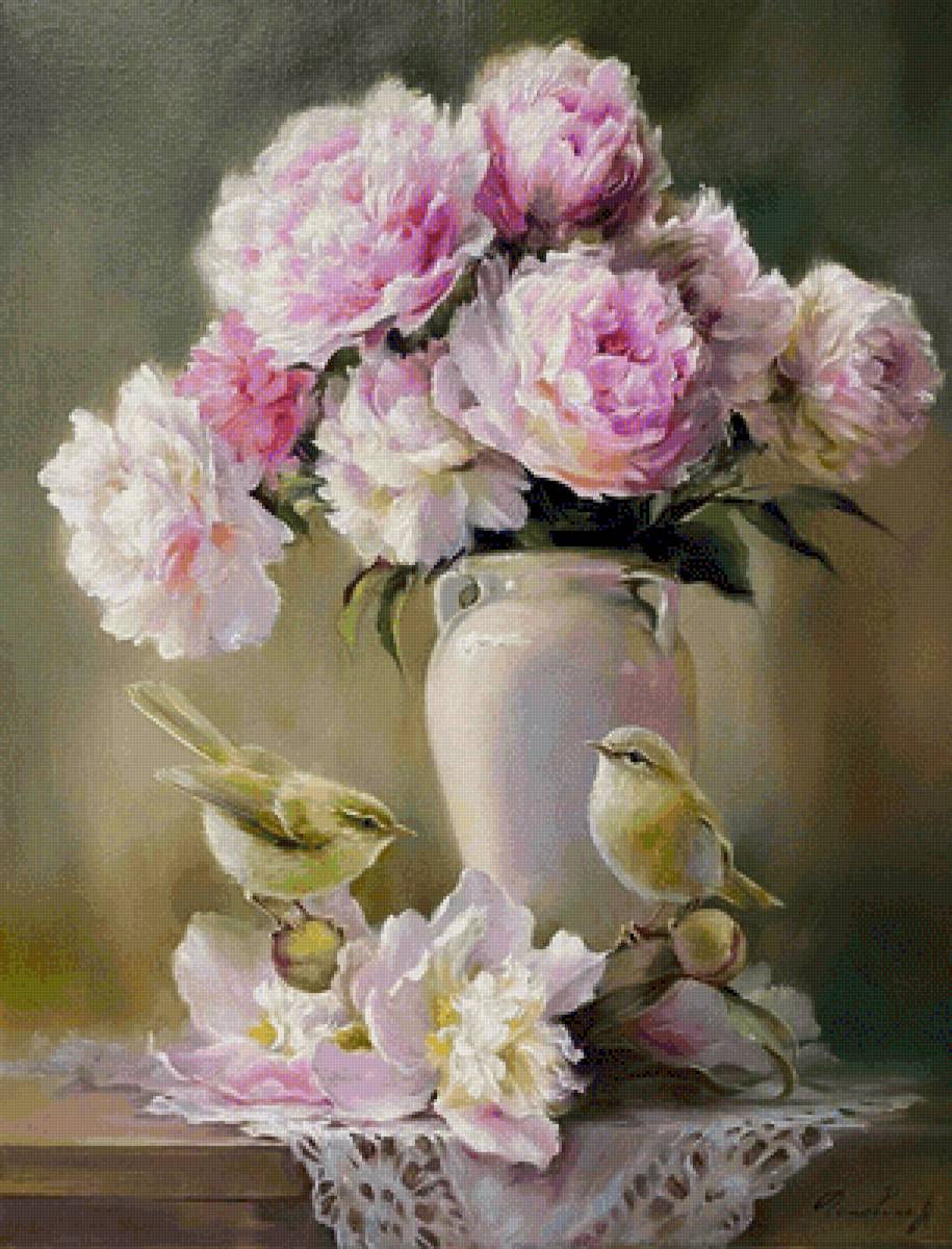 ПЕНОЧКИ ( по картине Н. Годовщиной) - пеночки, букет пионов, пионы в вазе, пионы, цветы в вазе, цветы - предпросмотр