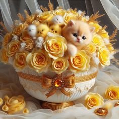 Жёлтый букет - котенок, розы, цыплята - оригинал