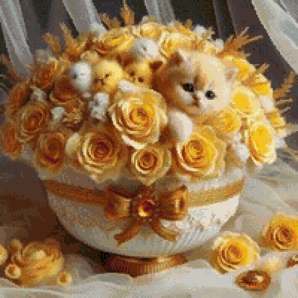 Жёлтый букет - цыплята, котенок, розы - предпросмотр