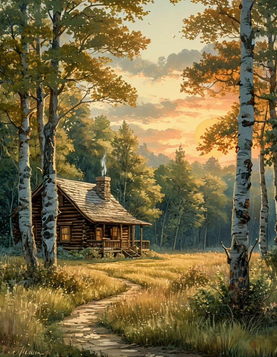 пейзаж - лесной домик - оригинал