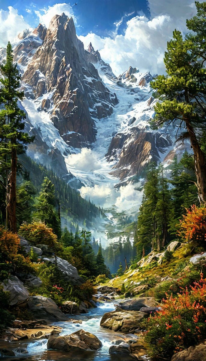 пейзаж - лес, горы, ручей - оригинал