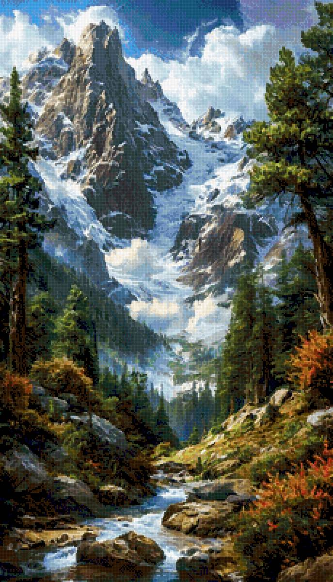 пейзаж - лес, ручей, горы - предпросмотр