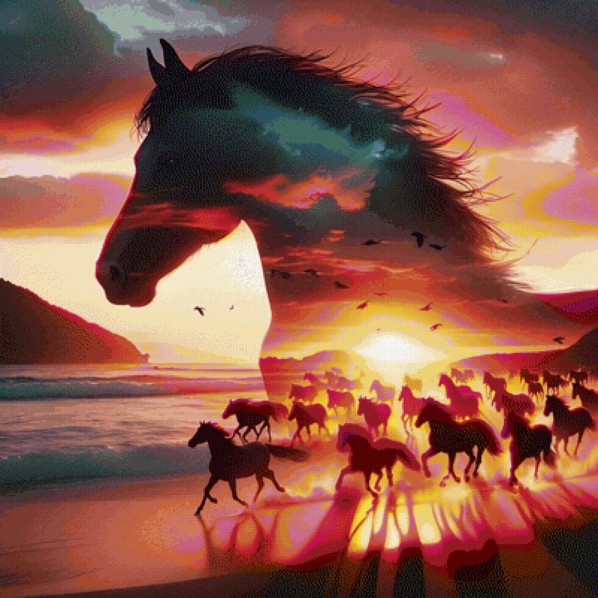 Закат - природа, закат, лошади, море - предпросмотр