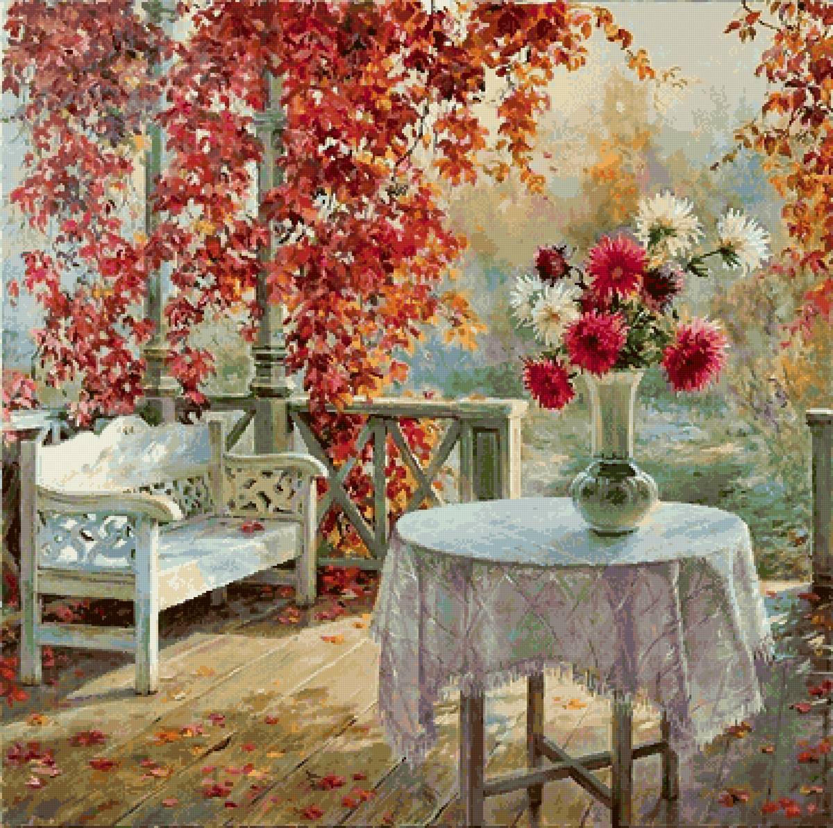 Худ. Бжезовский - астры, осень, бжезовский, веранда - предпросмотр