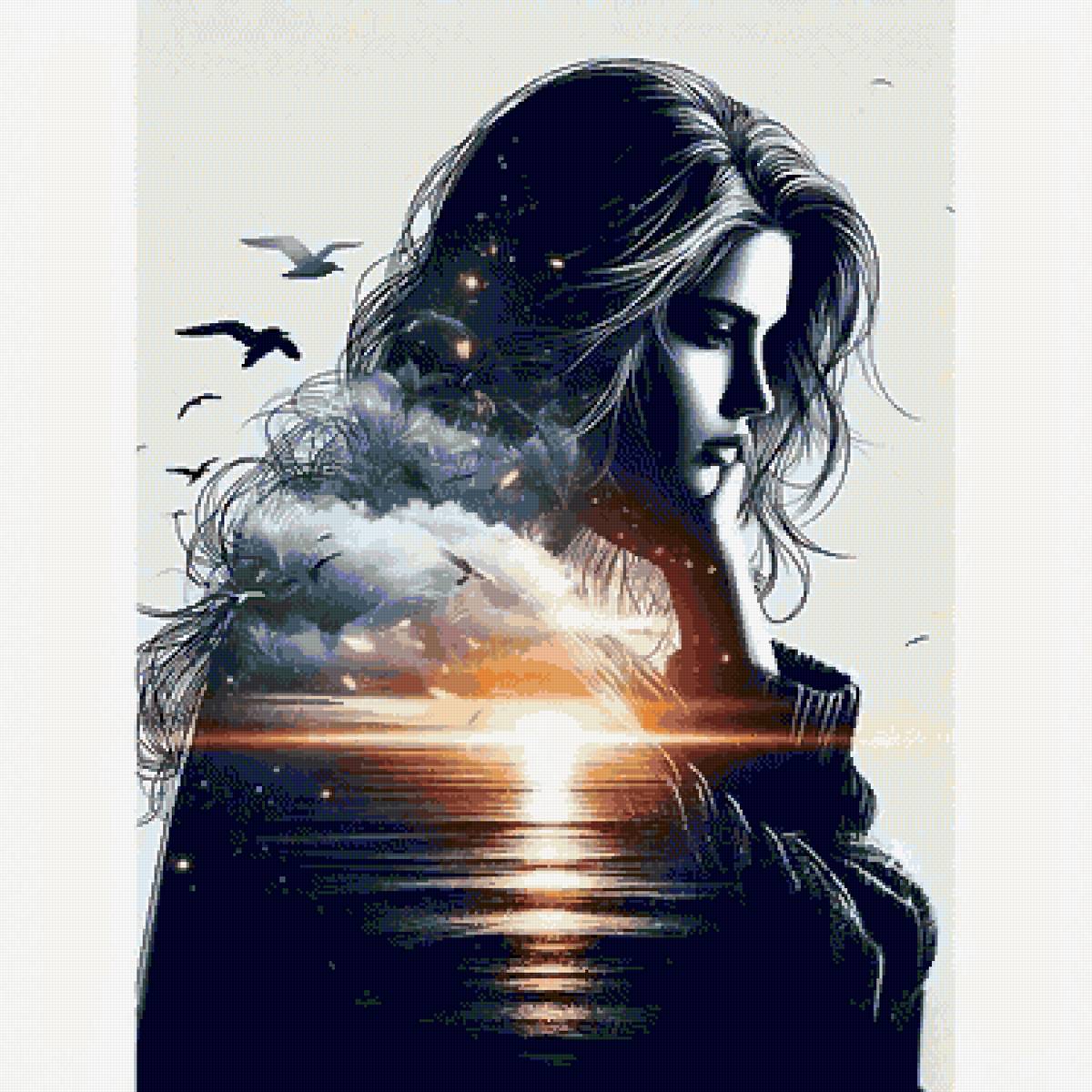 В ожидании рассвета - море, солнце, девушка, монохром - предпросмотр