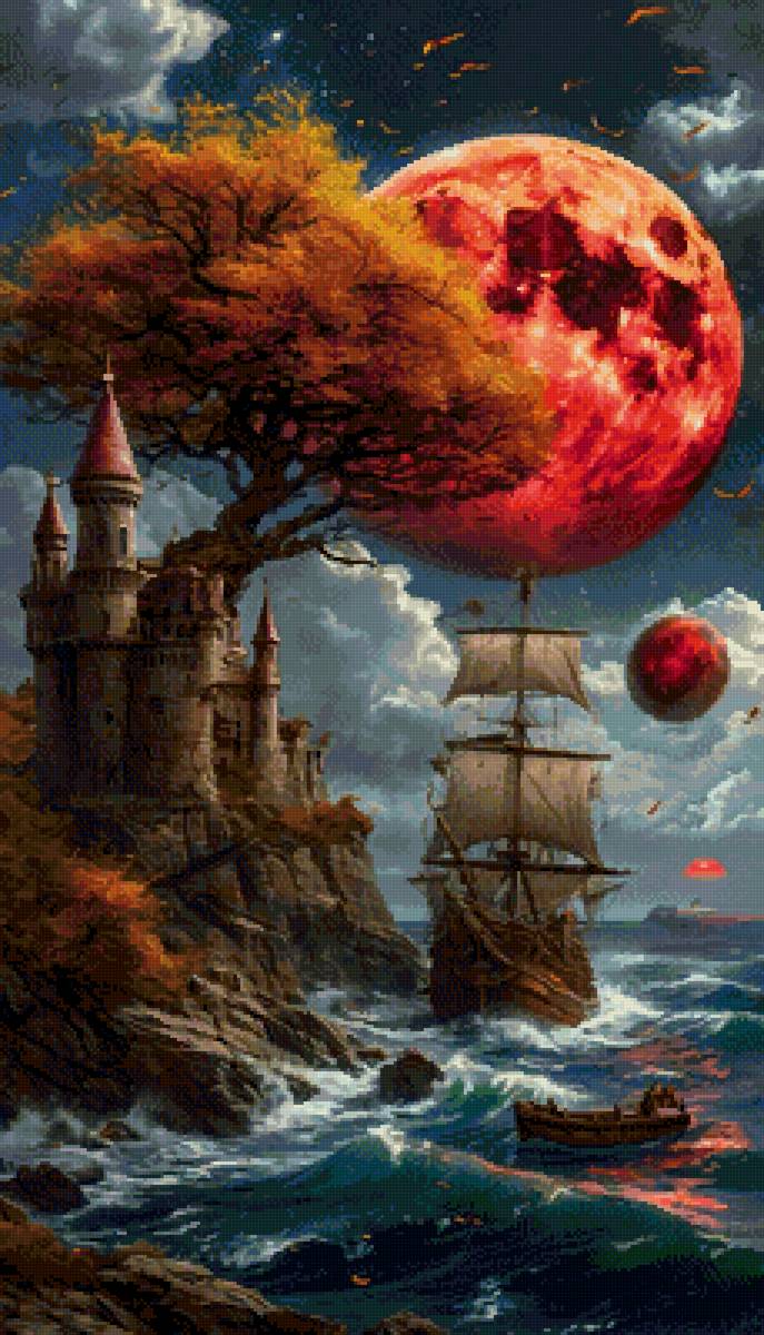 пейзаж - море, замок, парусник - предпросмотр