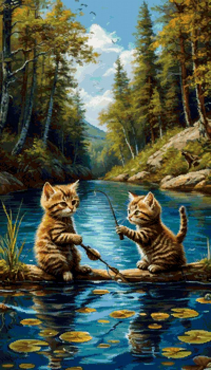 пейзаж - котята рыбаки - предпросмотр