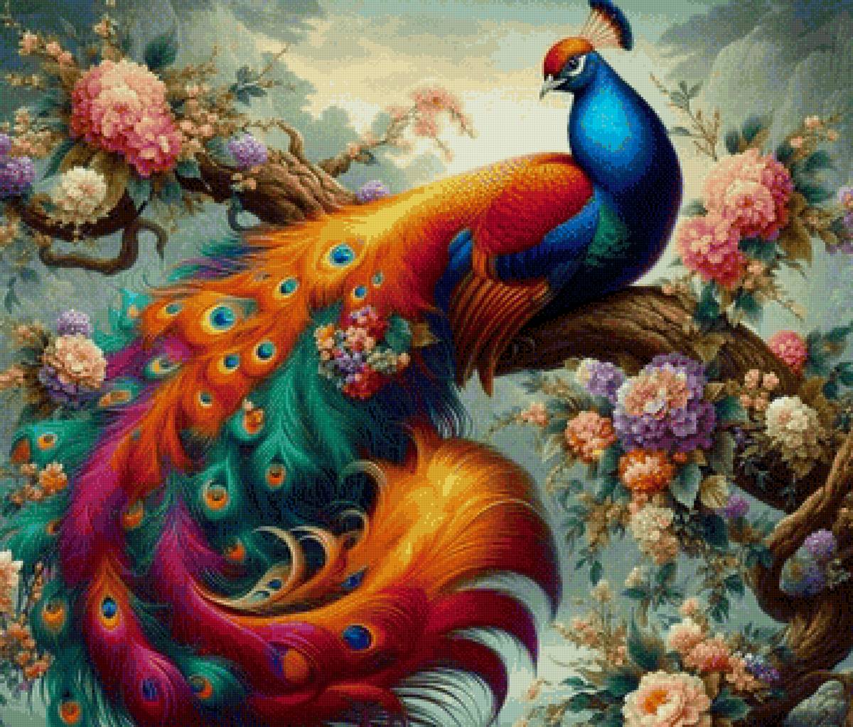 Павлин великолепный - лерево, цветы, птицы, павлин - предпросмотр