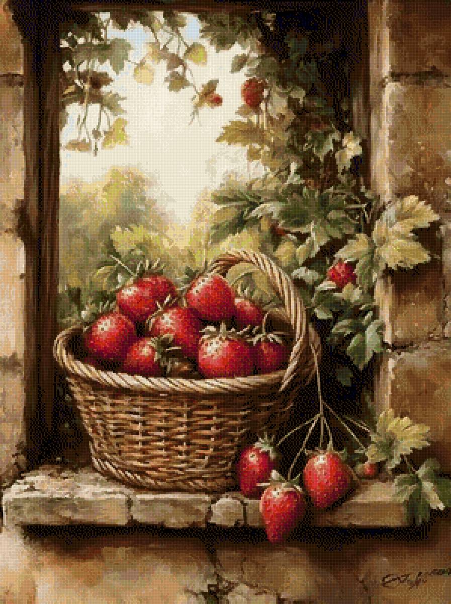 лето в корзинке - лукошко, клубника, пейзаж - предпросмотр