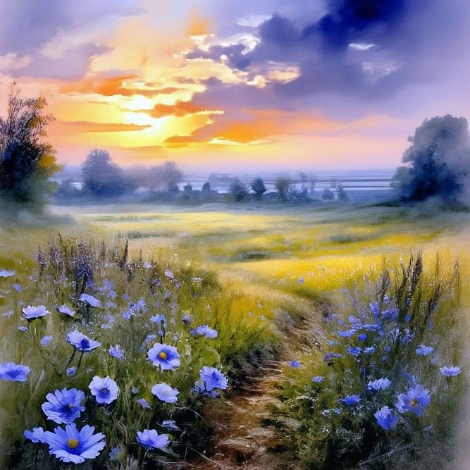 Закат - природа, закат, тропинка, поле - оригинал