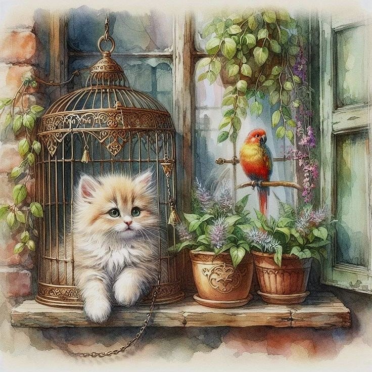 доигрались... - котенок, попугай, клетка - оригинал