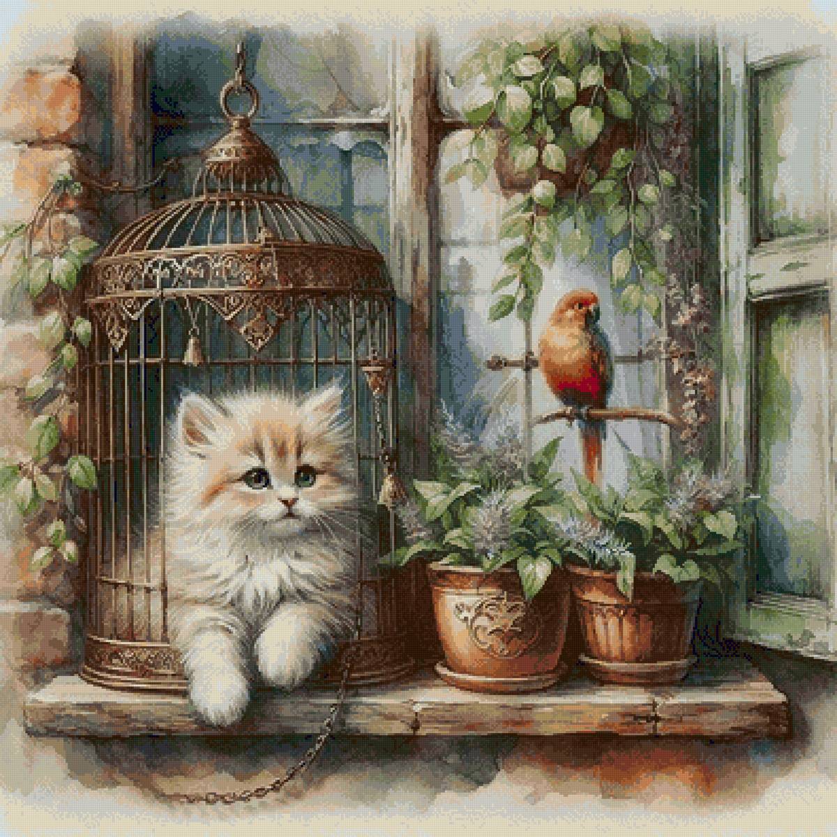 доигрались... - котенок, клетка, попугай - предпросмотр