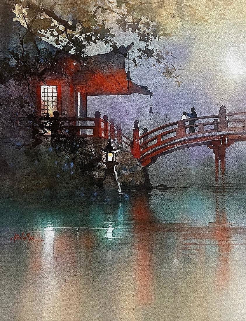 Шаллер - акварель, картина, озеро, мостик, восток - оригинал