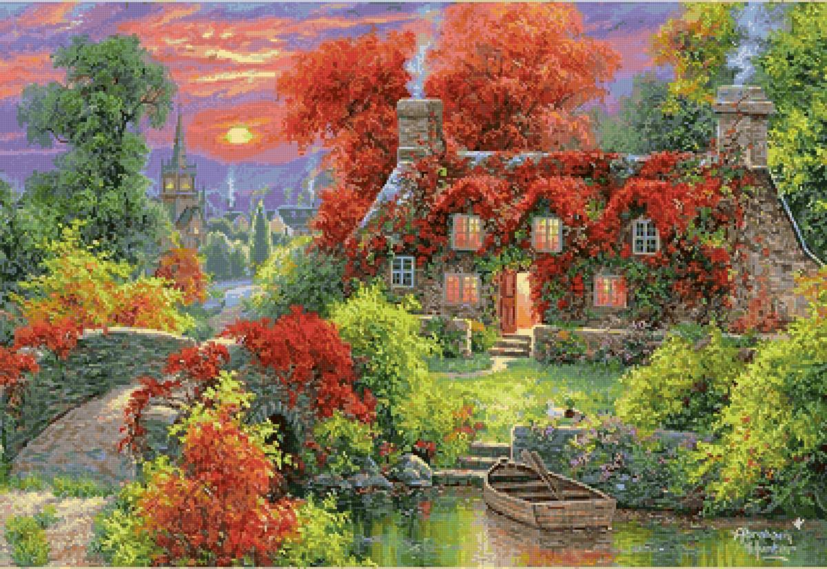 Лодка у старого причала - живопись, домик, лодка, картина - предпросмотр