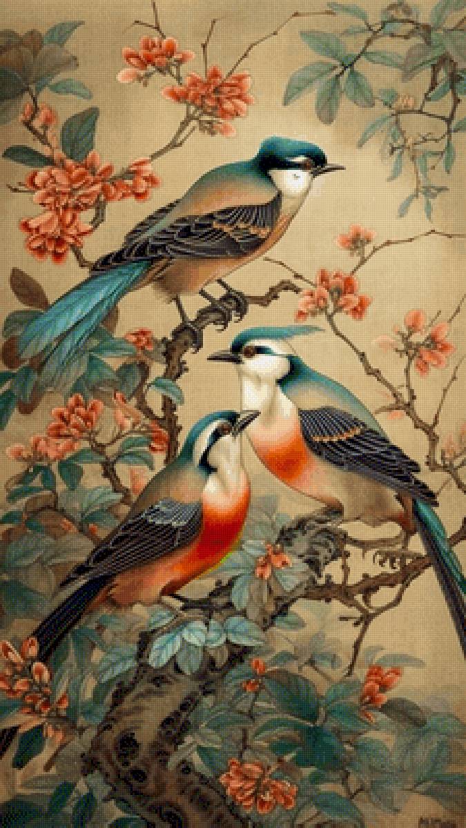 птичка - птичка, сакура, розы, цветы - предпросмотр