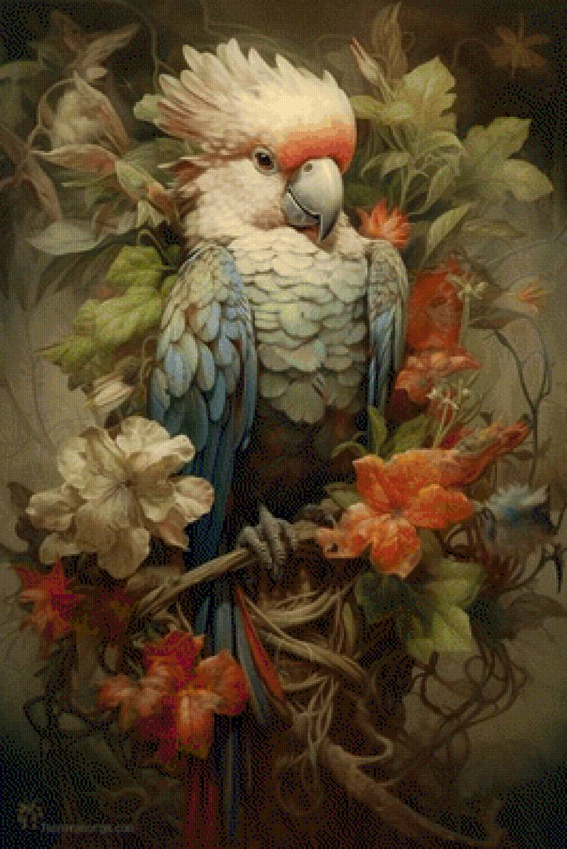 птичка - розы, птичка, цветы, попугай - предпросмотр