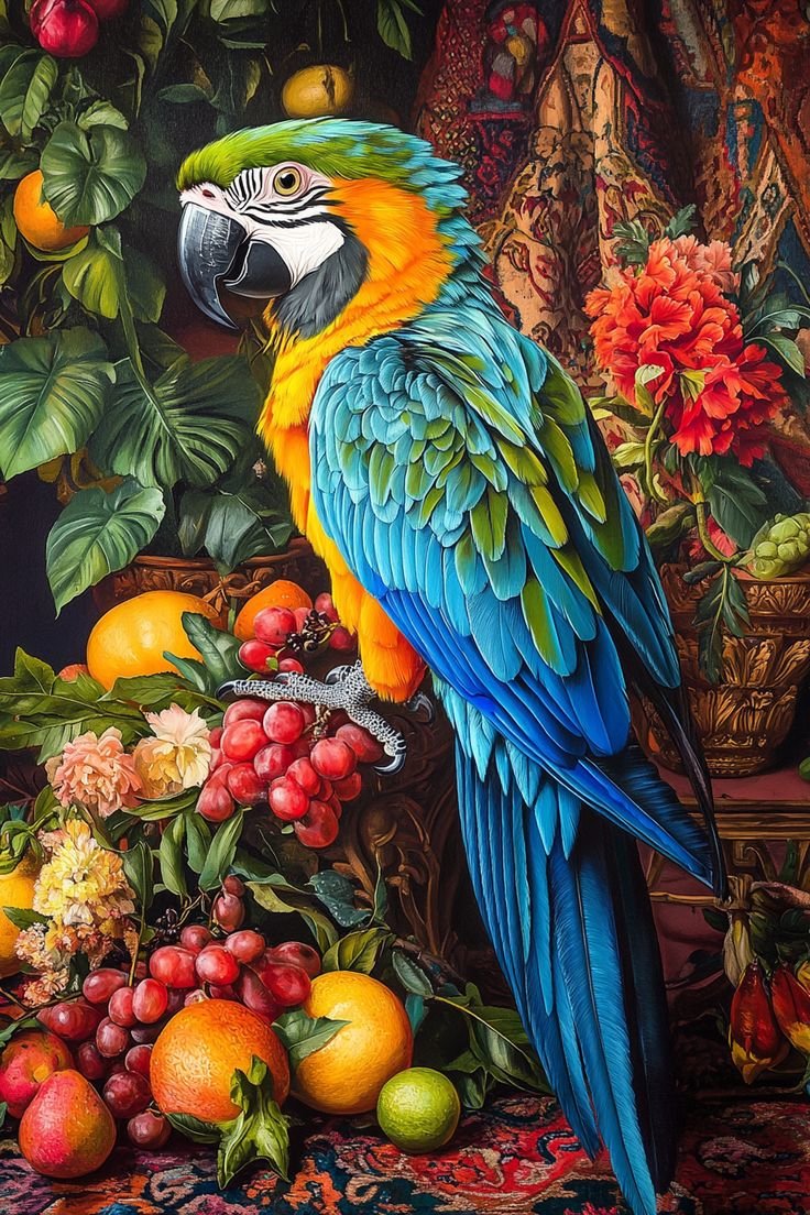 птичка - птичка, розы, фрукты, попугай, цветы - оригинал