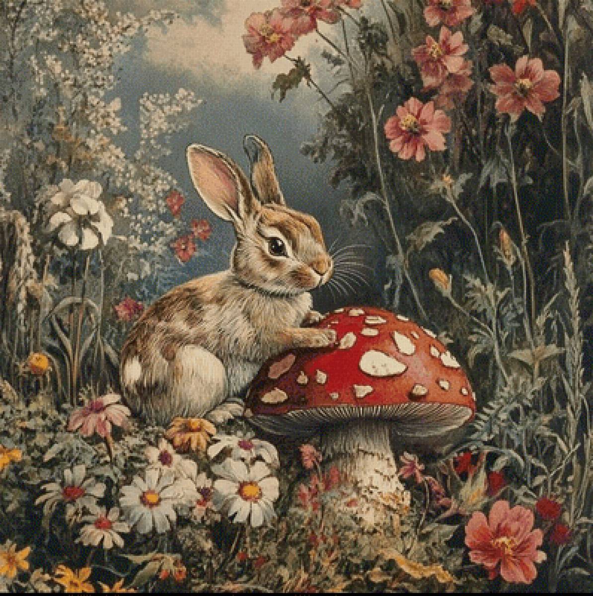 зайка - мухомор, зайка, цветы, гриб, розы, лес, птичка - предпросмотр