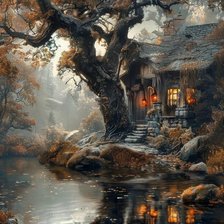 Схема вышивки «Домик у реки осень»