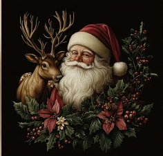 Санта Клаус на темном фоне - олень, пуансетия, венок, санта - оригинал