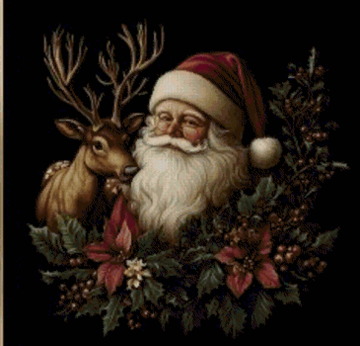 Санта Клаус на темном фоне - олень, санта, пуансетия, венок - предпросмотр