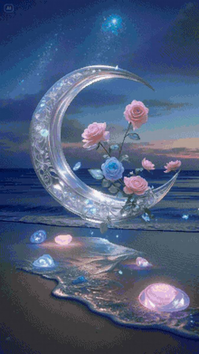 Лунный свет - море, месяц, цветы - предпросмотр