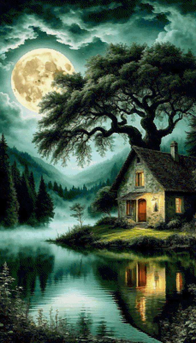 Чья то мечта - ночь, полнолуние, туман, дом, озеро - предпросмотр