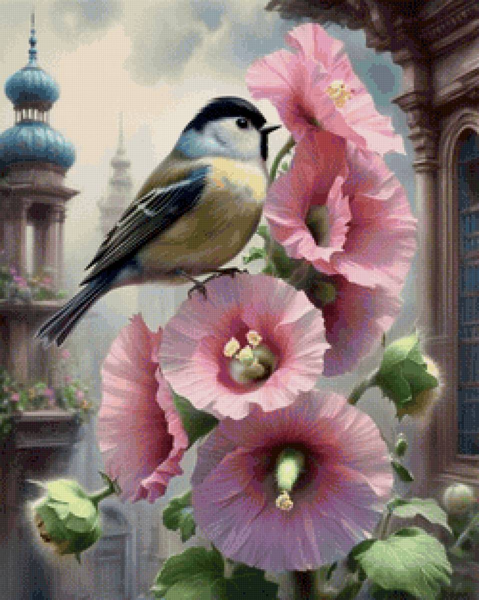 Мальвы и птичка - предпросмотр