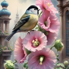 Схема вышивки «Мальвы и птичка»