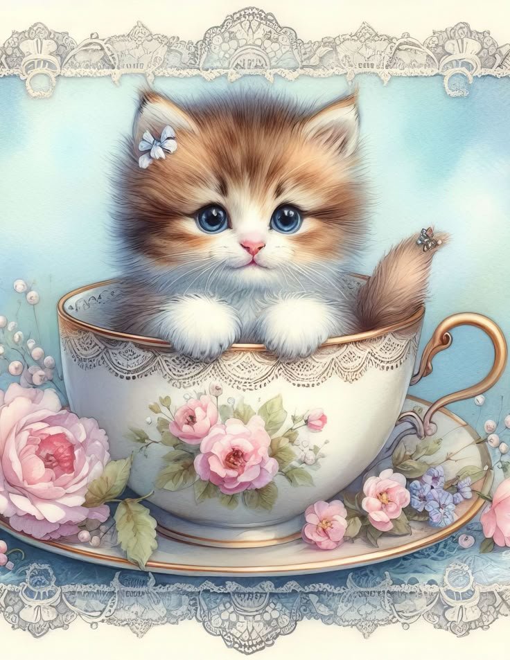 С добрым утром - чашка, котенок, цветы - оригинал
